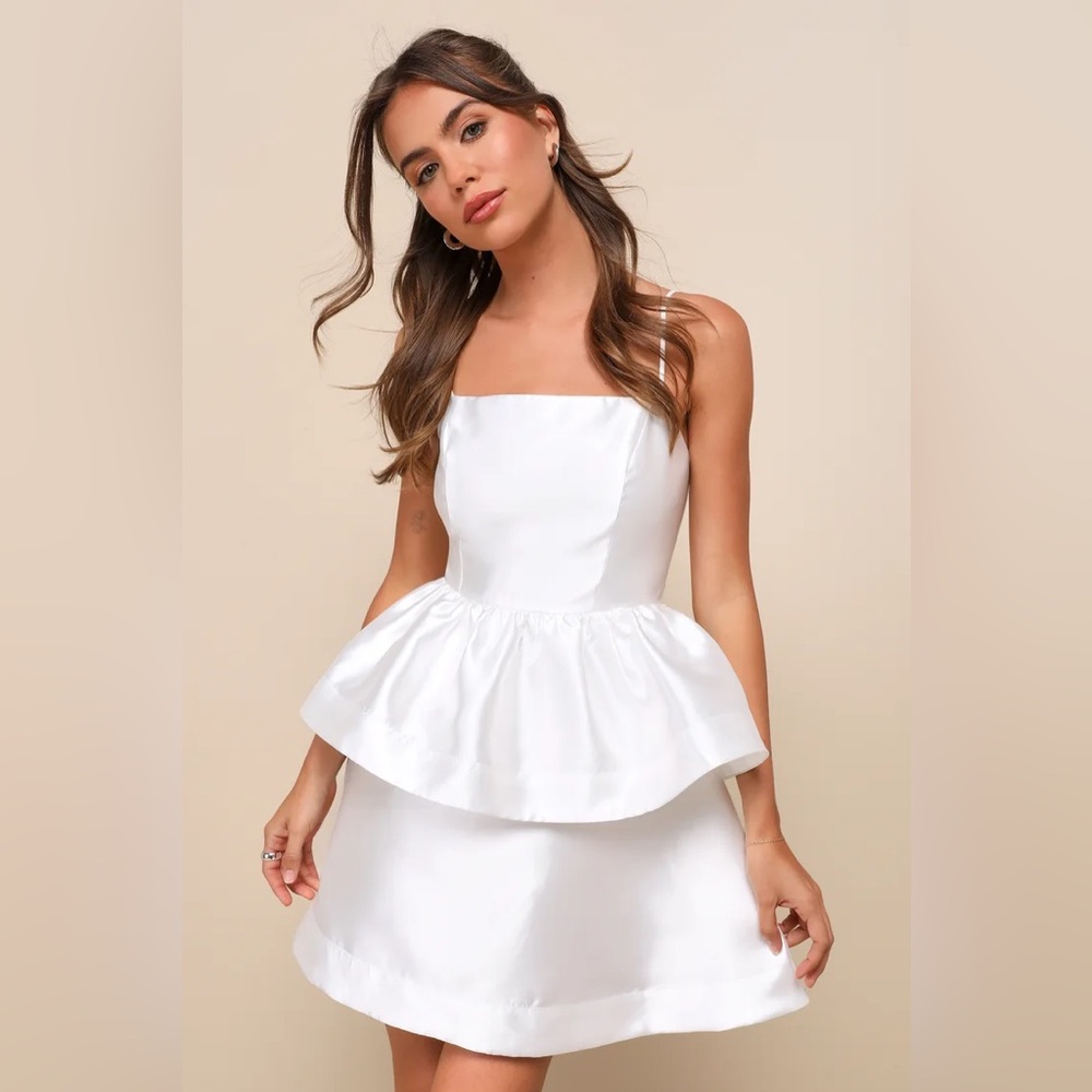 Lulu’s Bubbly Charm White Taffeta Tiered Ruffled Mini Dress